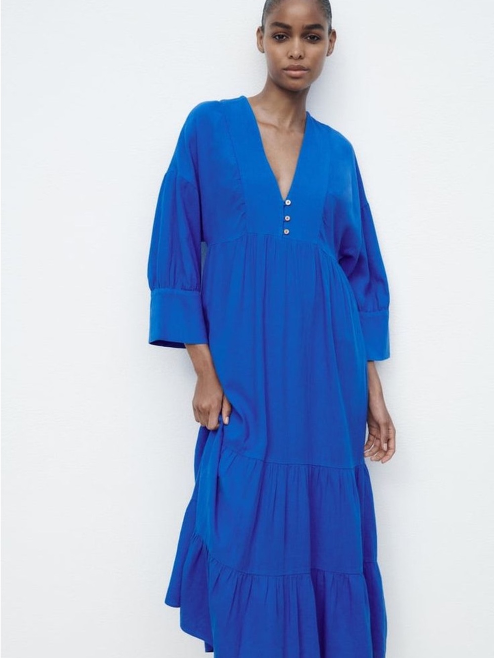 Zara Royal Blue V-Neck Tiered Maxi Dress